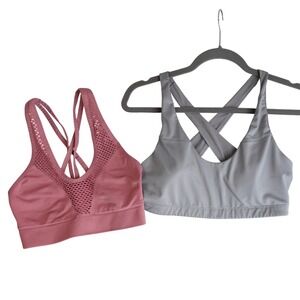 Victoria Sport Womens M Gray Mauve Pink Sports Bra Set Strappy Mesh Activewear